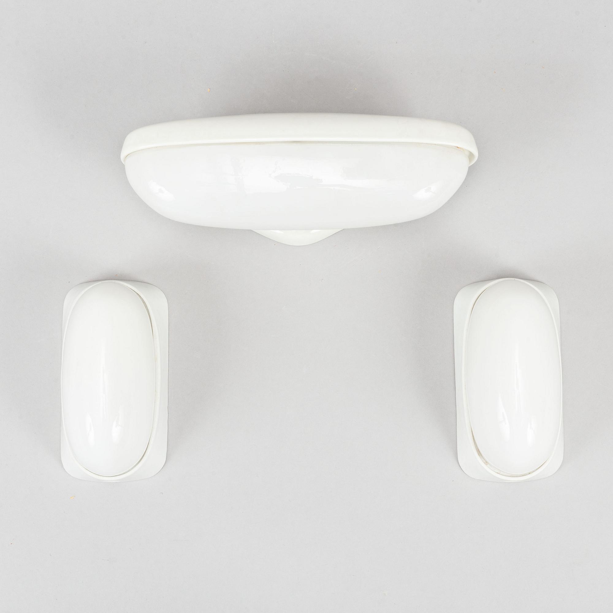 Wilhelm Wagenfeld, a set of three glass and ceramic bathroom lights, Lindner Keramik, Bamberg.
