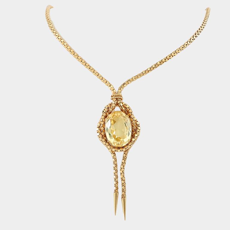 Necklace 18K gold with an oval faceted green synthetic spinel.