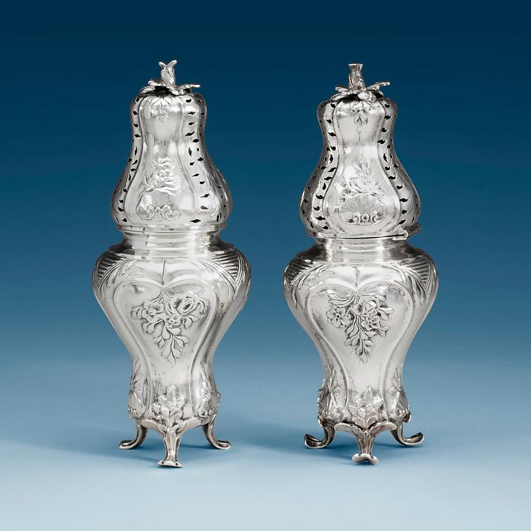 A Swedish 18th century silver sugar-casters, marked Lorentz Lindgren, Borås 1779, and one later copy with false marks.