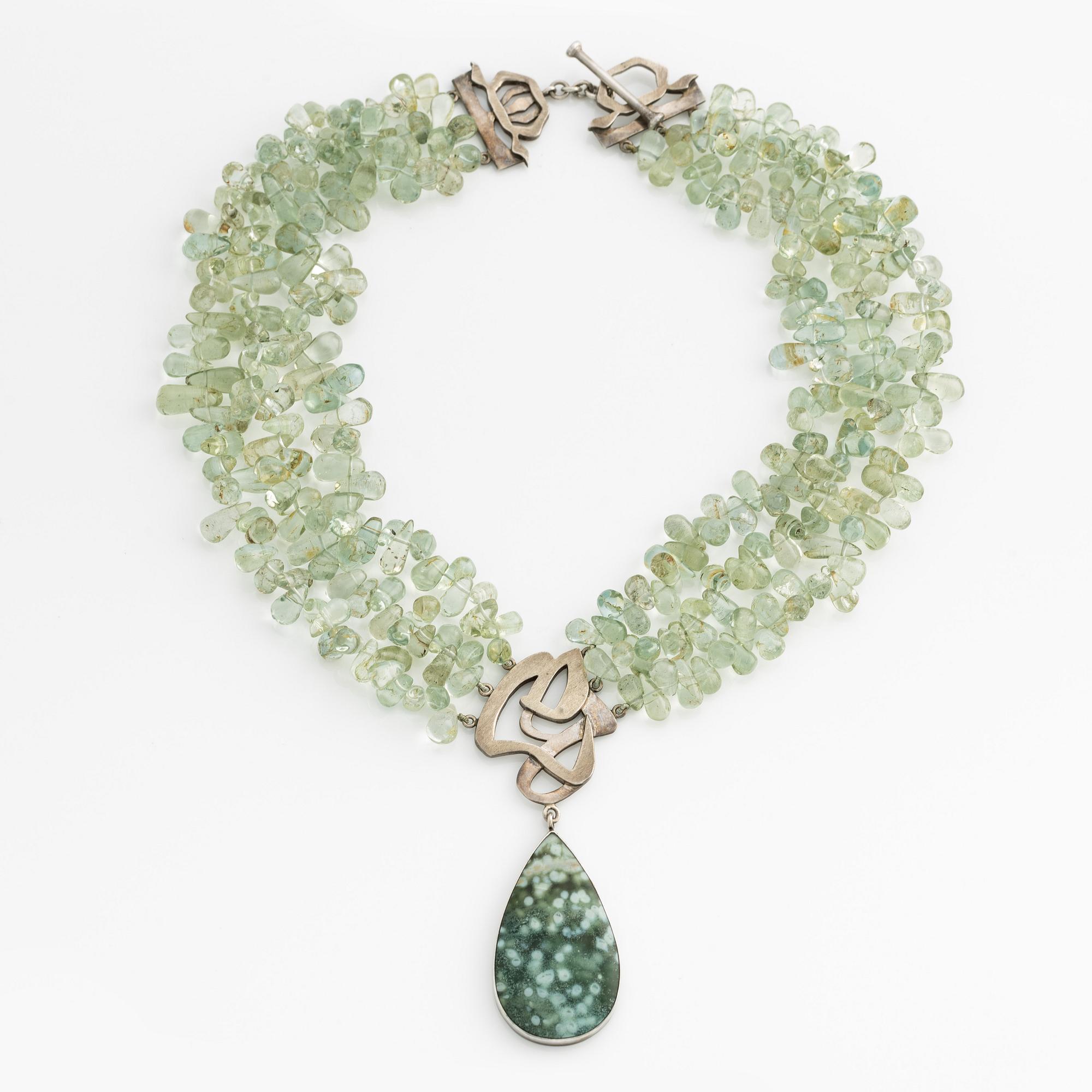 John Agee, necklace, silver and green stones likely quartz.