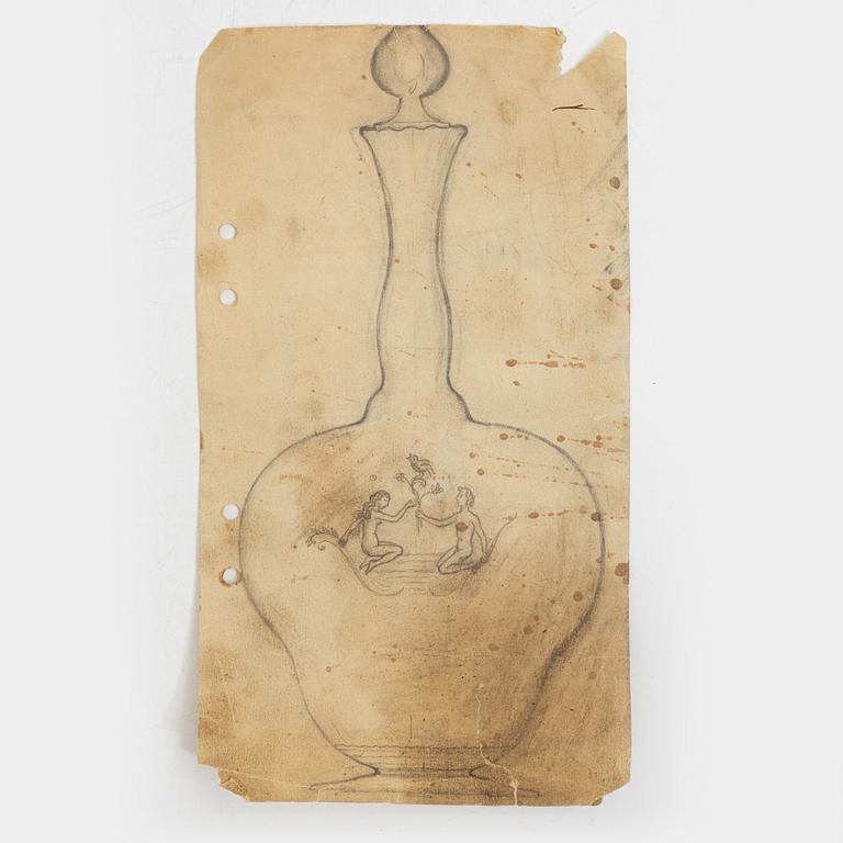 Carl Eldh, original drawings and an engraved glass decanter, Orrefors 1931.