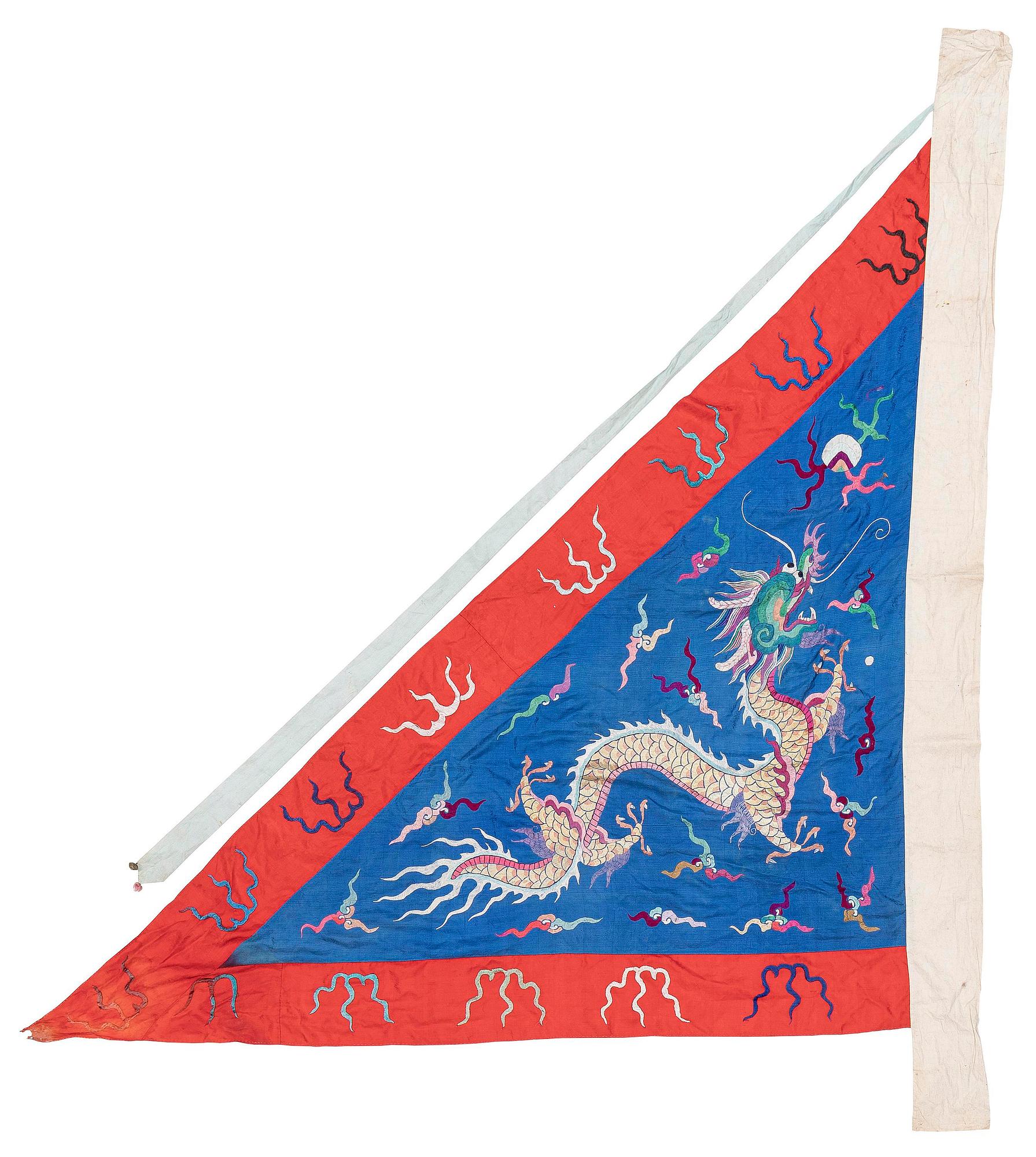 A Chinese embroidered triangular silk banner, late Qing dynasty/possibly early 20th century.