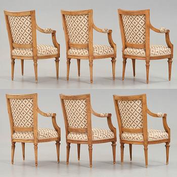 Six Gustavian late 18th century armchairs by Johan Lindgren, master in Stockholm 1770-1800.