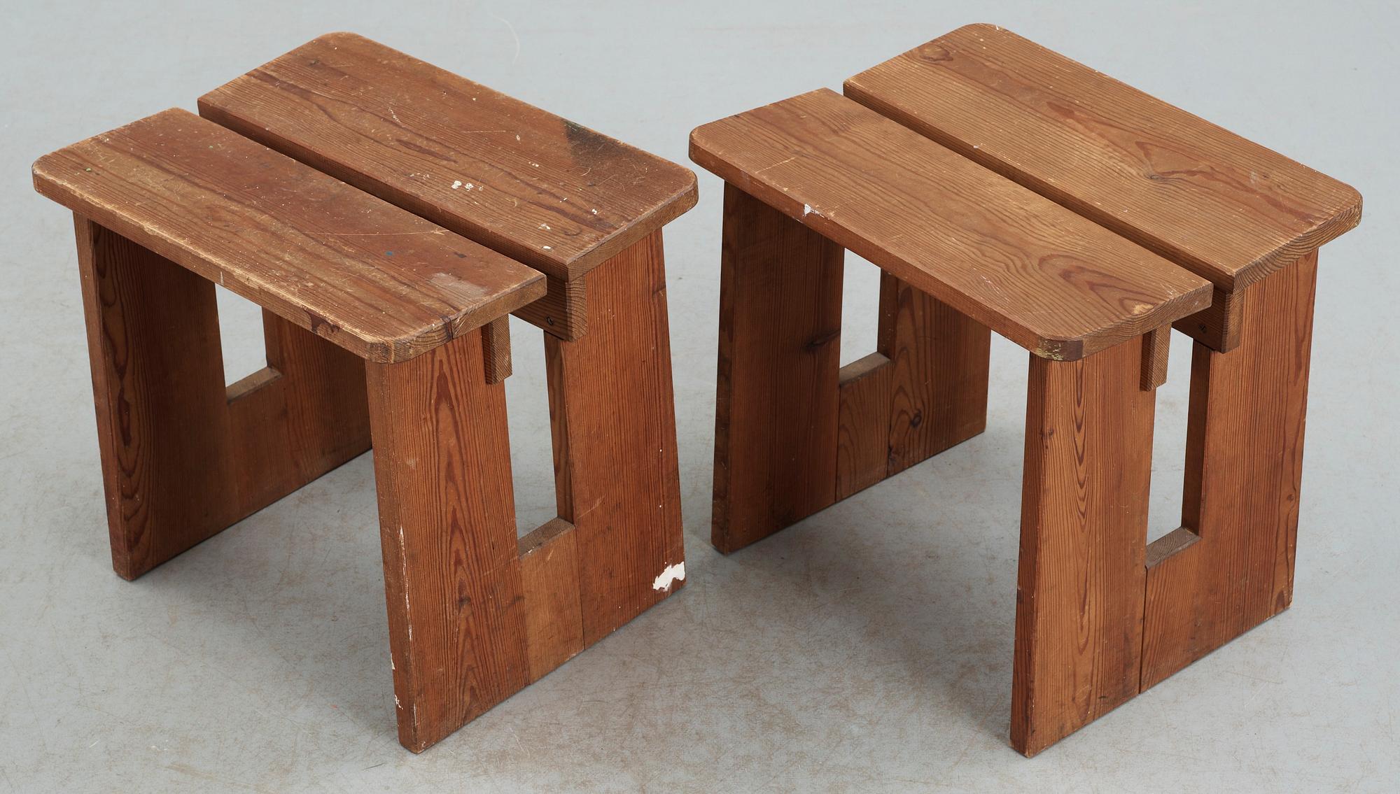 A pair of 'Lovö' pine stools by Axel Einar Hjort, Nordiska Kompaniet, 1930's.