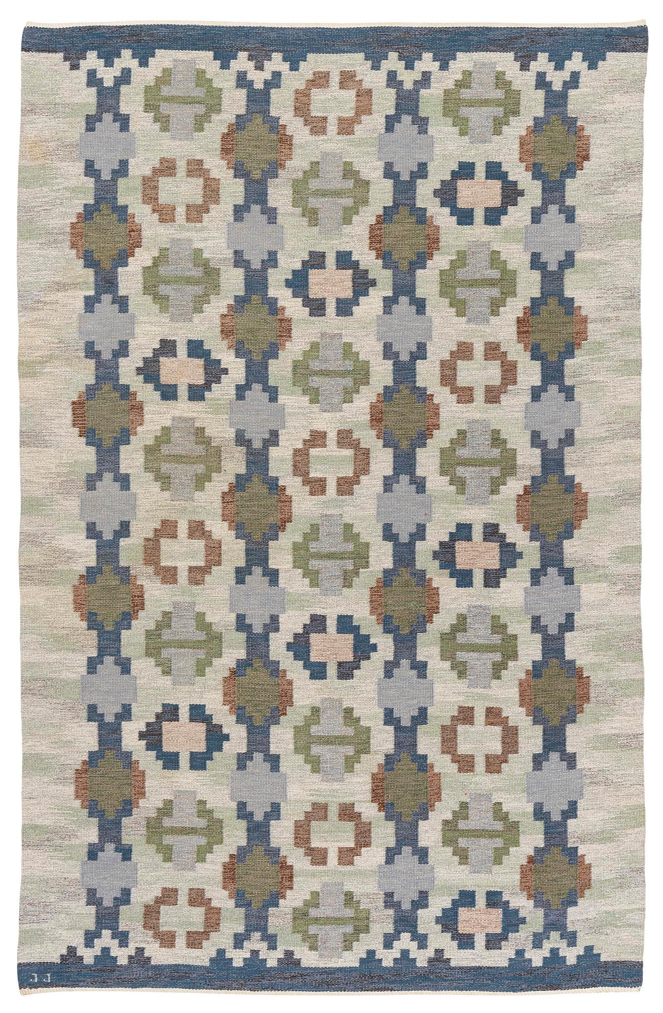 Judith Johansson, a carpet, 'Enebacken', flat weave, c. 307 x 196 cm, signed JJ.