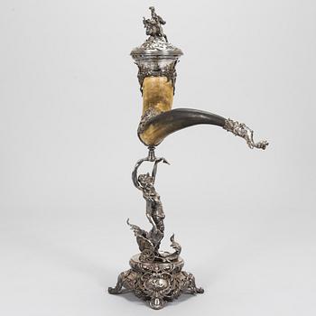 Silver-plated horn decoration, the end of 19th century. Height 93 cm.
