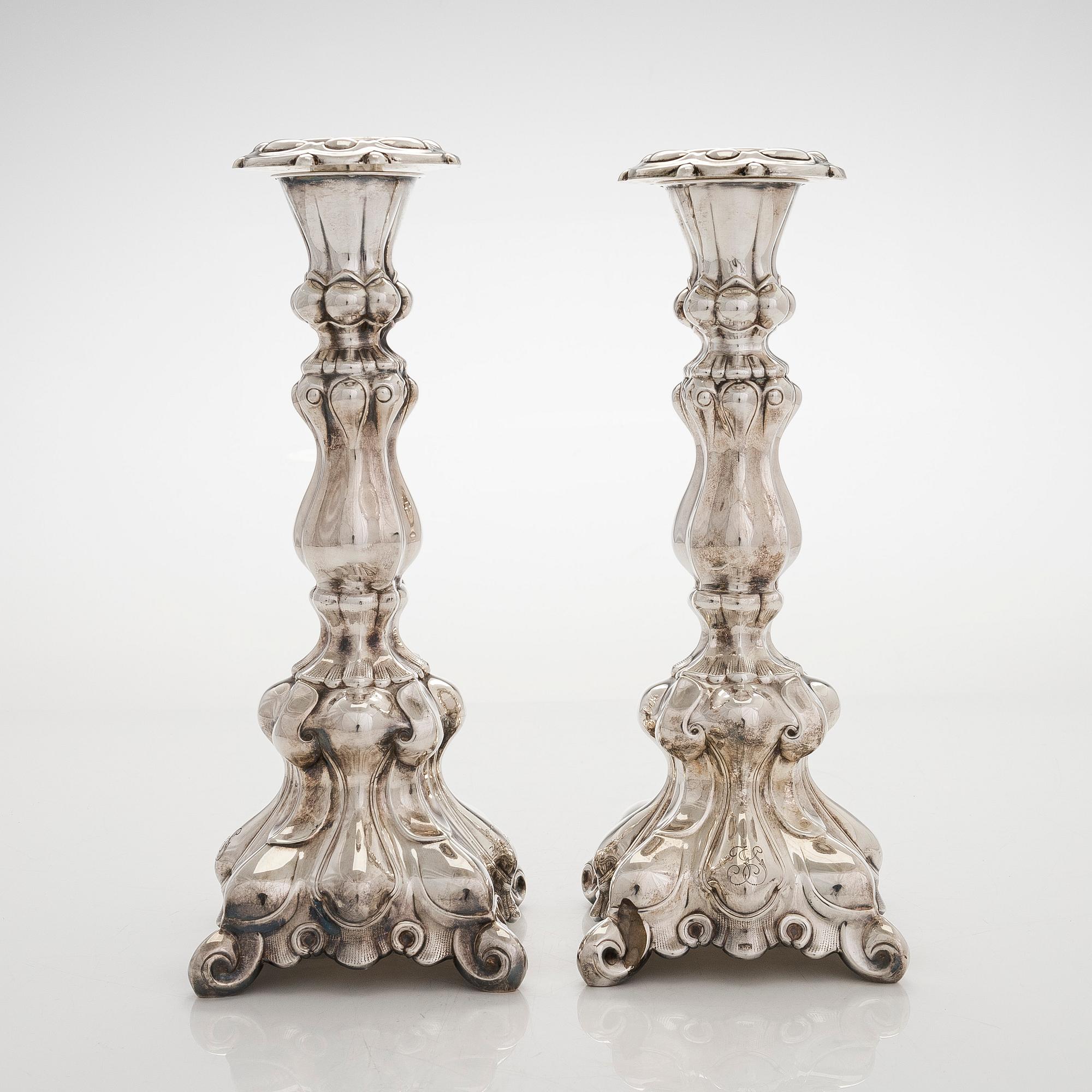 A pair of baroque style silver candlesticks, Hopeatehdas Oy, Helsinki 1947.