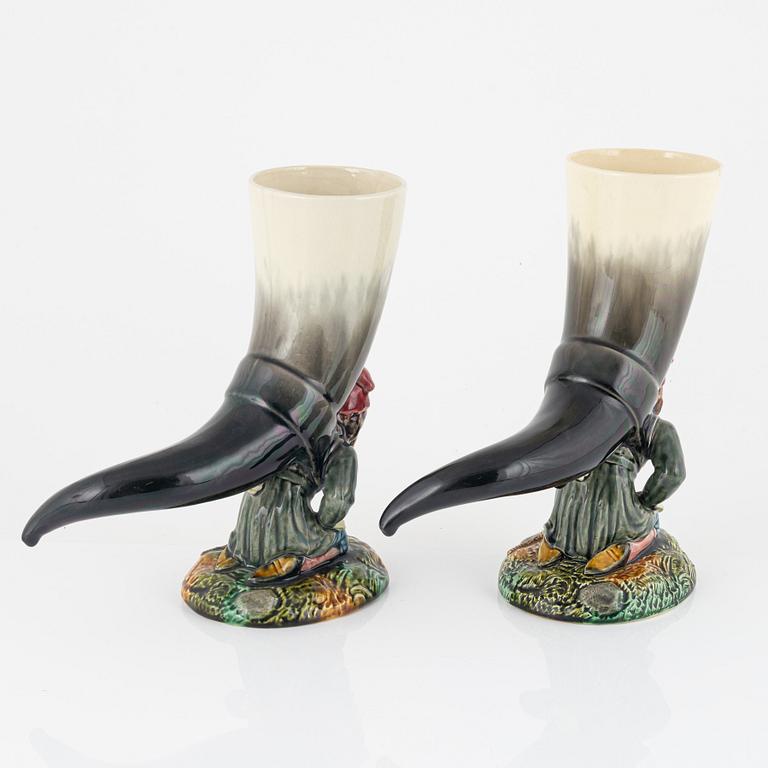 A pair of drinking horns, majolica, Rörstrand, circa 1900.