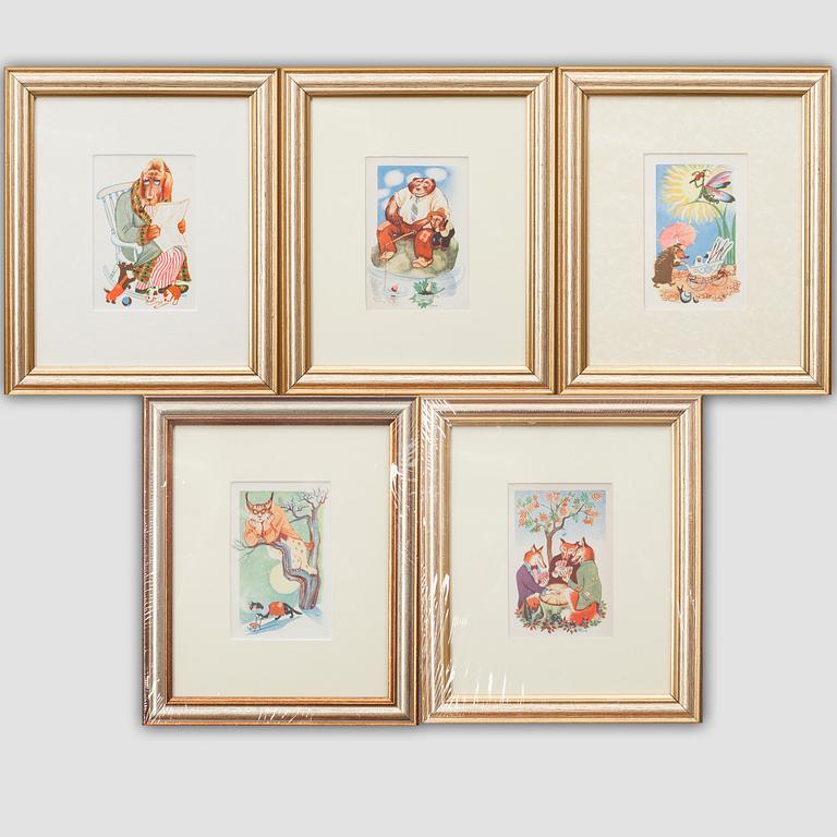KONSTVYKORT, 5 st, efter Tove Jansson, signerade i trycket, Taidekorttikeskus, 1940-tal.
