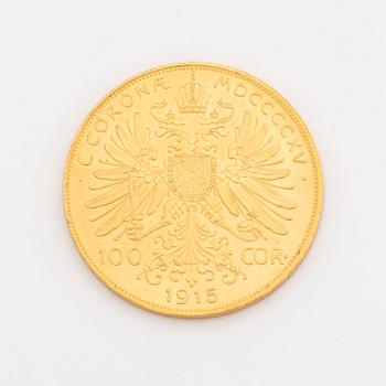 An Austrian gold coin, re-strike 100 Corona 1915.