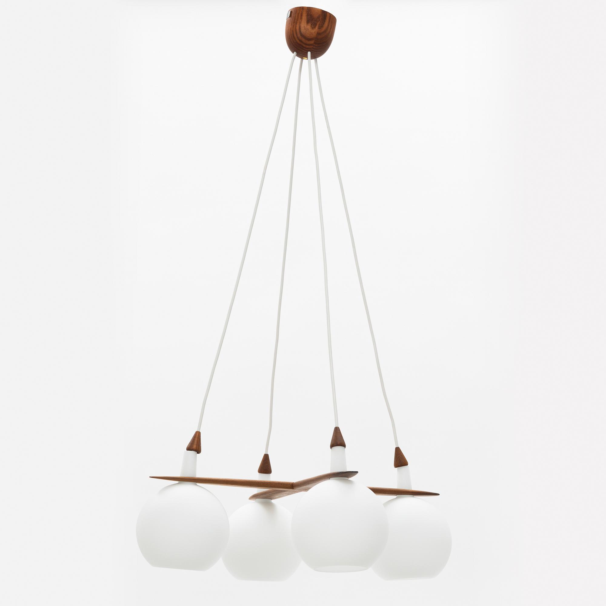Uno & Östen Kristiansson, a teak and glass ceiling light, Luxus, Vittsjö.