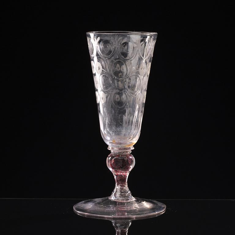 A Bohemian cut and engraved colour twist goblet, first half of the 18th Century.