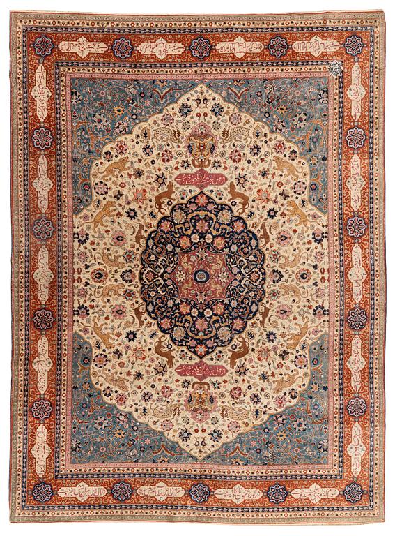 An antique Benlian Tabriz carpet, signed Jabarzade, ca 365 x 270 cm.