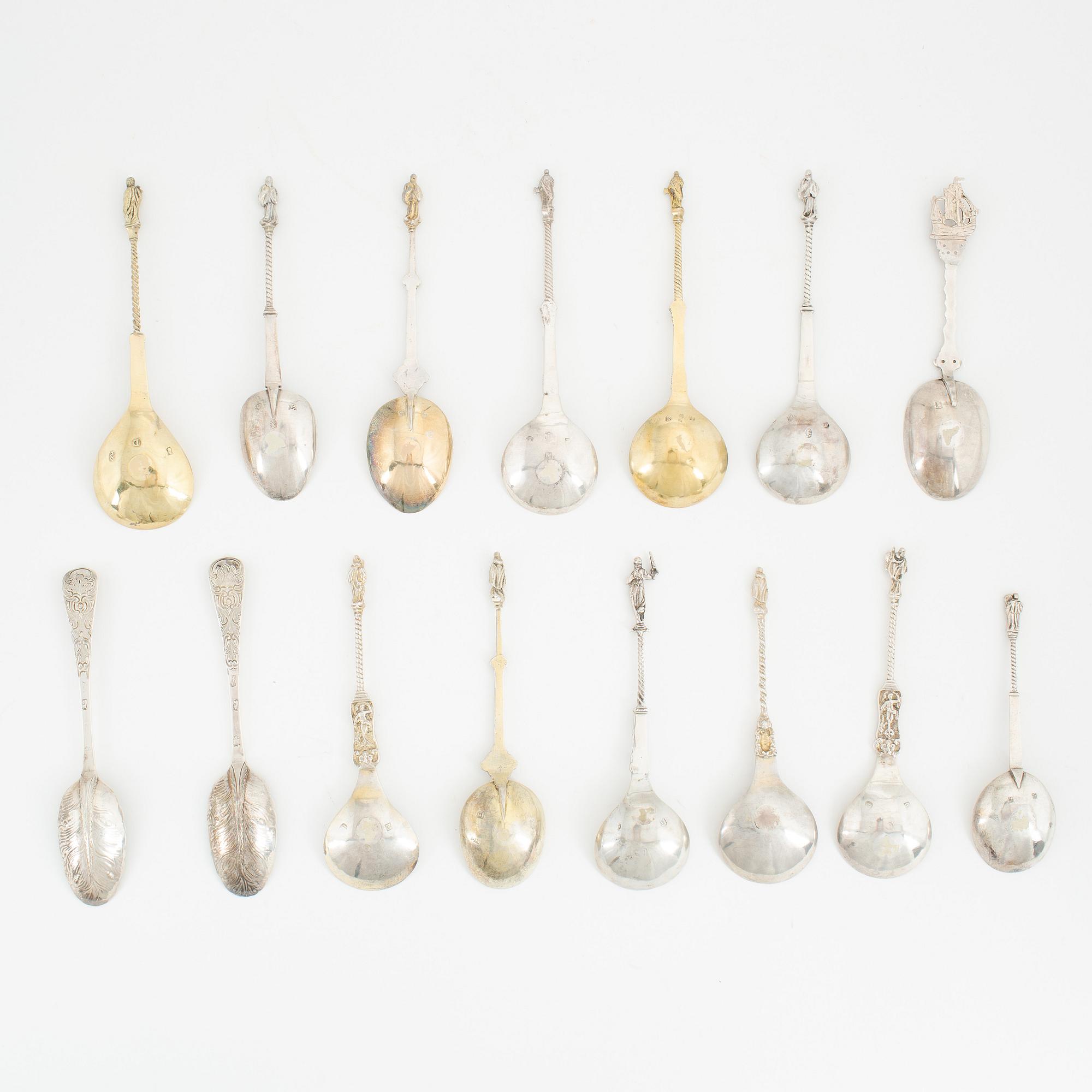 Fifteen silver spoons, Northern Europe, 19-20th century.