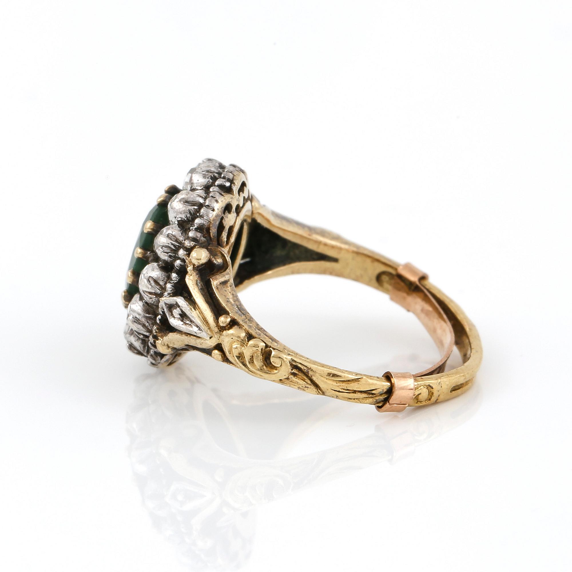 RING, guld 18, turmalin och rosenslipade diamanter, svensk importstämpel, 1900-talets första hälft. Vikt ca 3 gram.