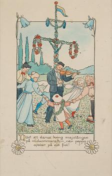 582. Elsa Beskow, "Näst att dansa kring majstången på midsommarafton, när pappa spelar på sin fiol", illustration for "Barnen på Solbacka".