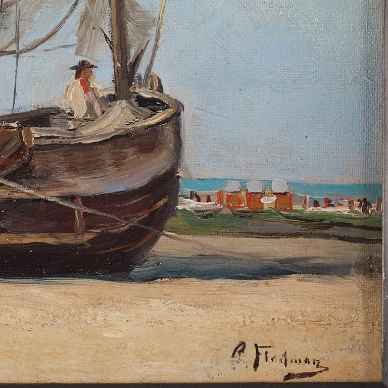 Carl Flodman, Beach scene with moored boats. In the background, so-called "Strandkorben" (beach chairs) and figures, possibly Skagen or Skåne.