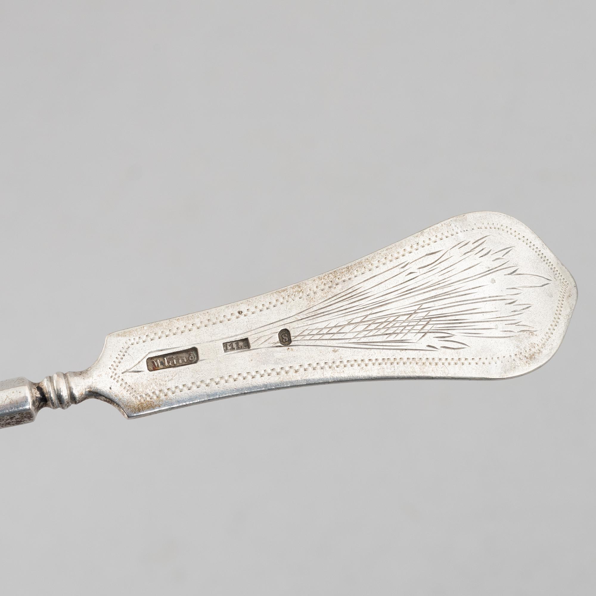 Two serving spoons, low-grade silver, 19th Century, possibly marks of Jacob Andreas Mort, Oslo (1796 - 1854) and of.