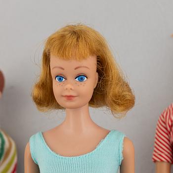 Barbiedockor, 5 st, bl a "Midge", "Skipper" & "Ken", Mattel, 1960-tal.
