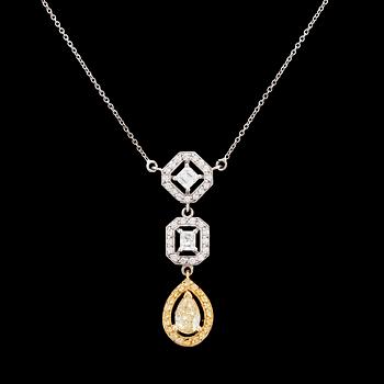 A drop cut Fancy Yellow diamond pendant, 1.02 cts, and radiant cut, 0.24 cts, and assher cut 0.31 cts.