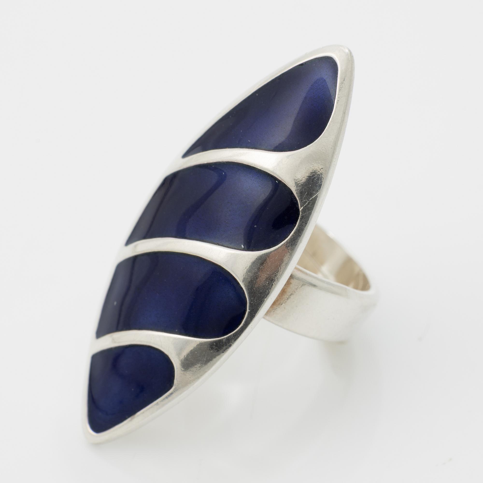 David Andersen, brooch, a pair of earrings and a pendant, silver and enamel.