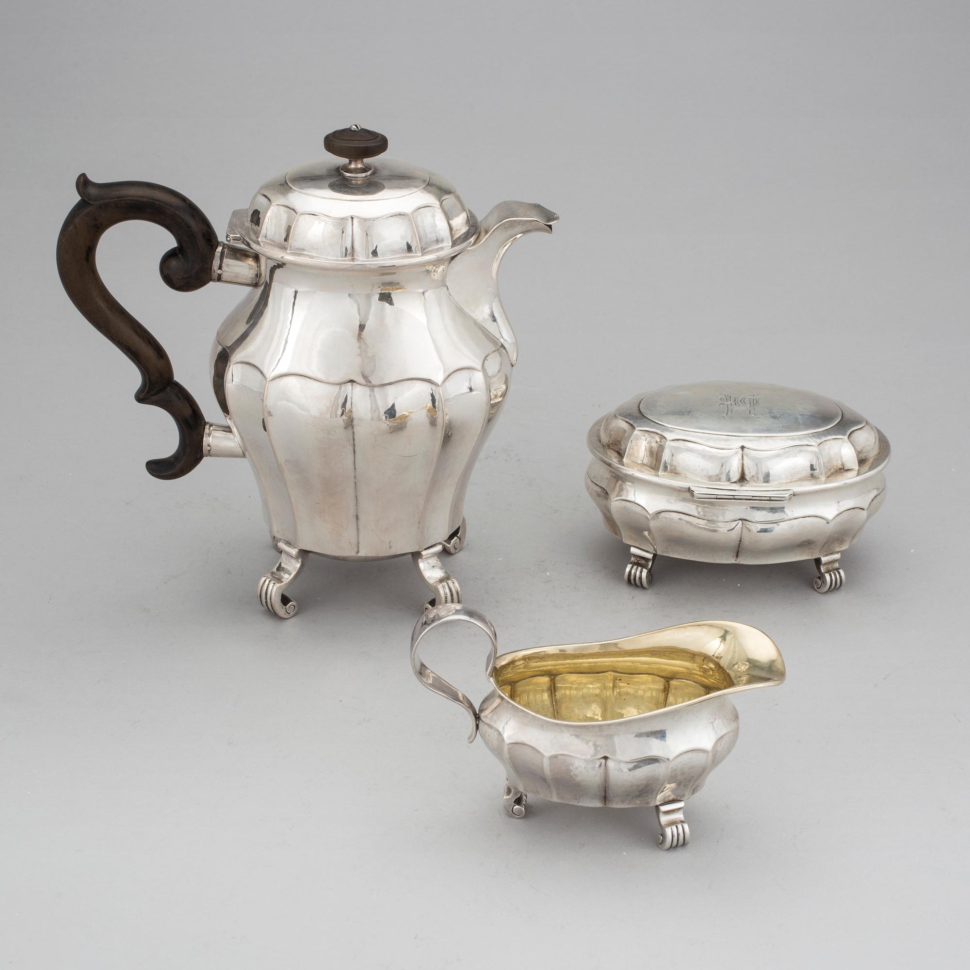 KAFFESERVIS, 3 delar, silver, GAB, Stockholm, 1920-25. Total vikt 900 g.