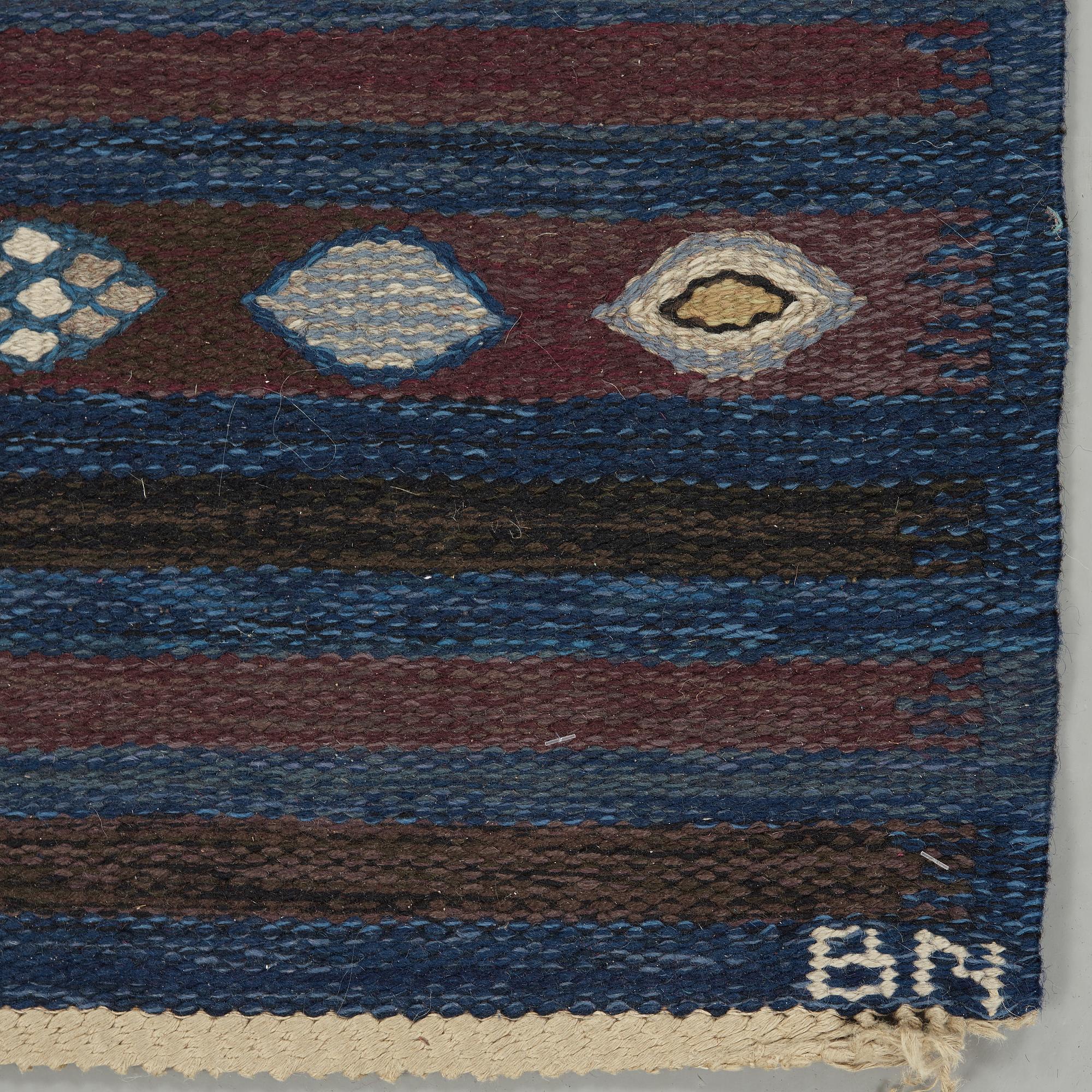 BARBRO NILSSON, carpets, 2 pieces, flat weave, 238,5 x 101 resp. 181,5 x 81 cm, "Blåbär, mörk", signed AB MMF BN.