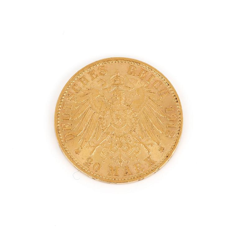 GULDMYNT, 20 Mark, Kejsar Wilhelm II, Tyskland 1912. Vikt ca 7 gram.
