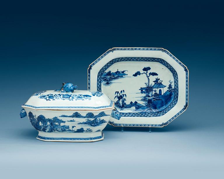 A  blue and white tureen with cover and saucer, Qing dynasty, Qianlong (1736-95).