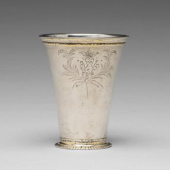 246. A Swedish early 18th century parcel-gilt silver beaker, mark of Johan Lund, Stockholm 1701.