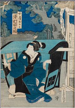 UTAGAWA KUNISADA, även kallad Toyokuni III (1786-1864) färgträsnitt, två stycken. Japan. "Skåderspelerskor", 1800-tal.