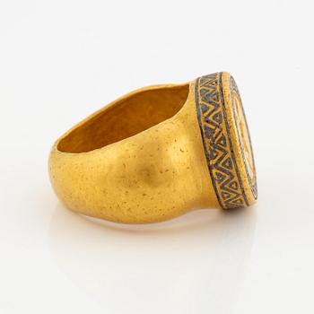 A modern Byzantine-style gold and enamel signet ring.