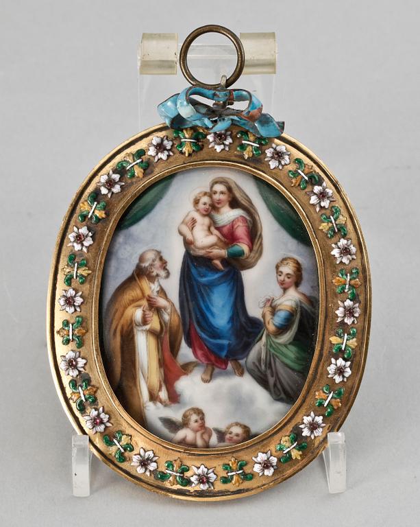 A pair of porcelain miniature paintings in gilt enamelled frames, 19th Century.