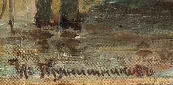 OKÄND KONSTNÄR, olja på duk uppklistrad på pannå, otydlig signatur.