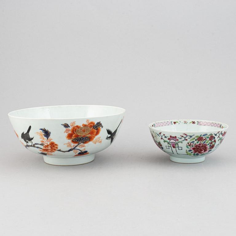 Two Chinese imari and famille rose porcelain bowls, Qing dynasty, 18th century.