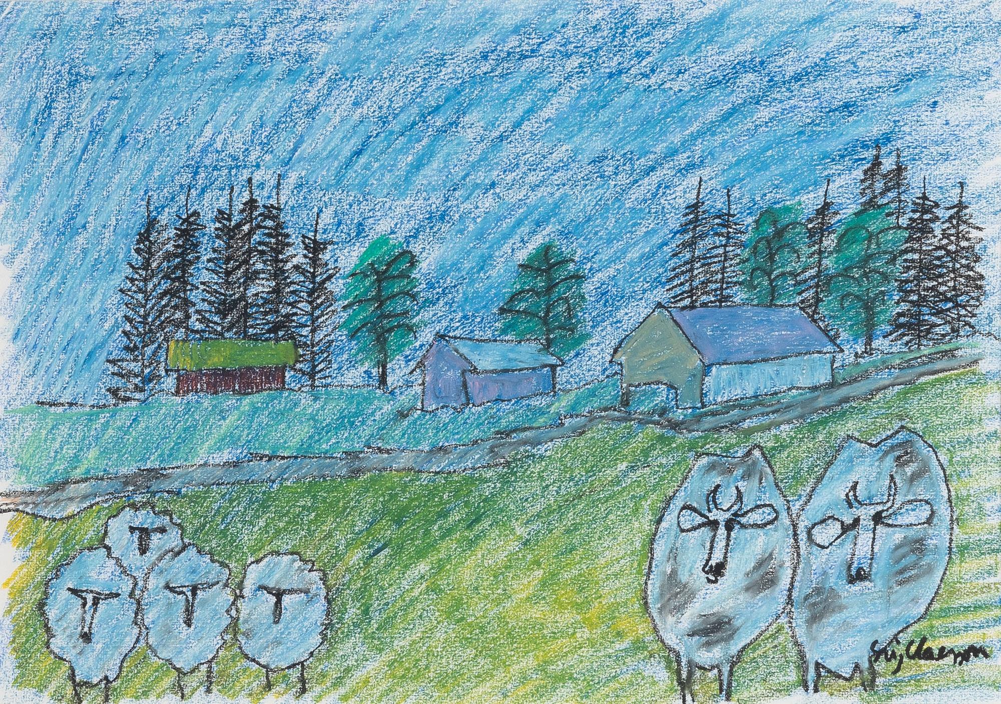 Stig (Slas) Claesson, Stig Claesson, Skymningslandskap med får och kor.