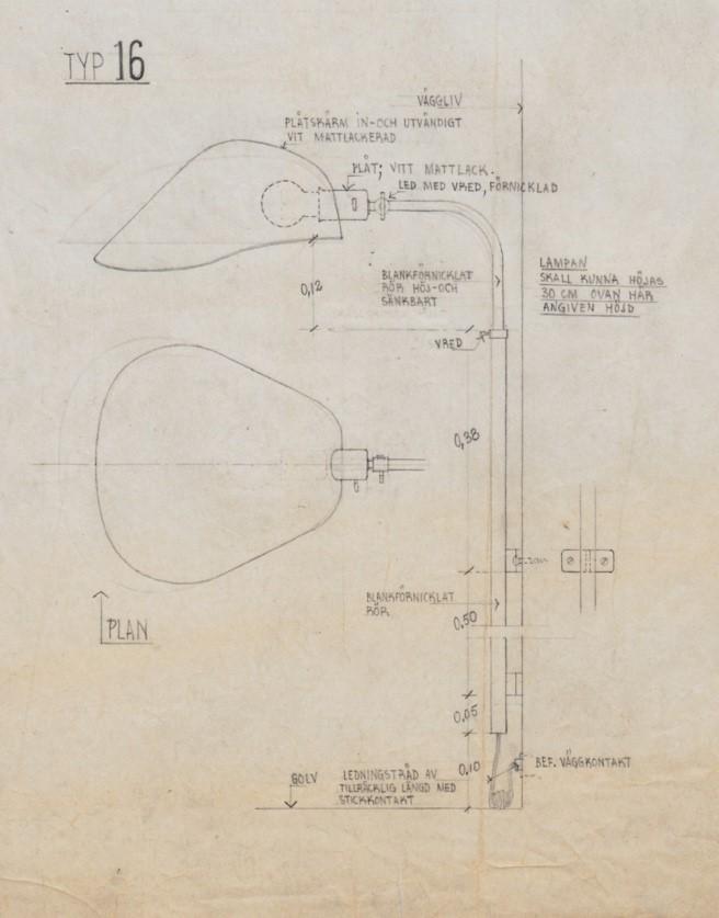 Gunnar Asplund, vägglampa, "Typ 16". Proveniens: Rådhuset i Göteborg 1936. Sannolikt utförd av Arvid Böhlmarks Lampfabrik.