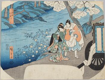 Hiroshige, Travelling couple by the river, 'fan-print'.