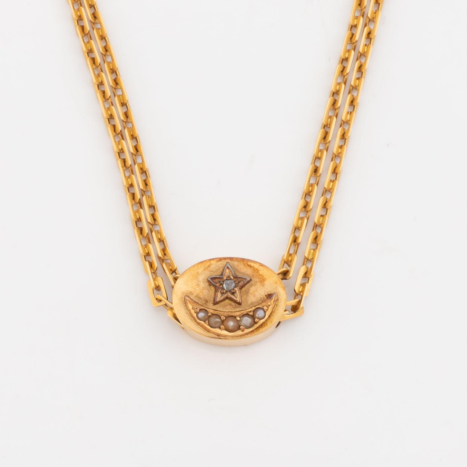 Chain, with rose cut diamond and seed pearls.