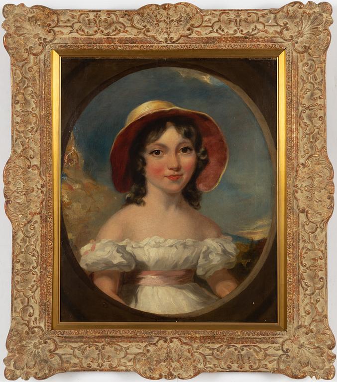Okänd konstnär, 1800-tal, Porträtt av flicka i vit klänning.
