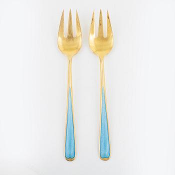 Twelve gilt silver and enamel forks, N.M. Thune, Norway, mid 20th century.