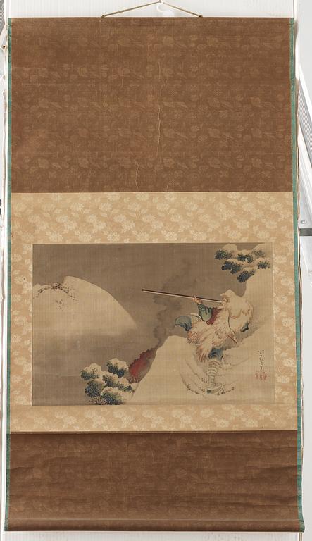 Katsushika Hokusai His school, A hanging scroll depicting a man with rifle in a snowy mountain landscape, School of Hokusai.