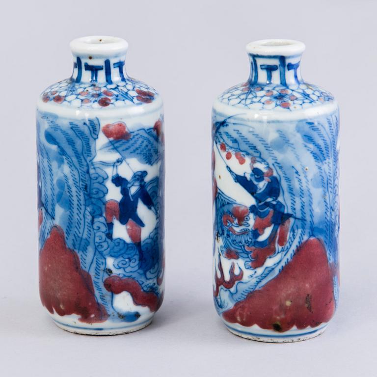 TWO PERFUME BOTTLES, porcelain, Qing dynasty, second half of the 19th century with Yong Cheng mark.