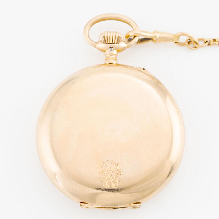 IWC, pocket watch, 14K gold, chain in 18K gold, 49 mm.