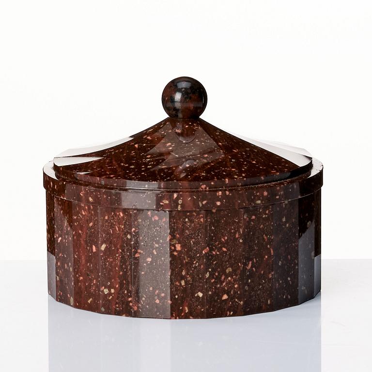 A Swedish Empire porphyry butter box with cover, 19th century.