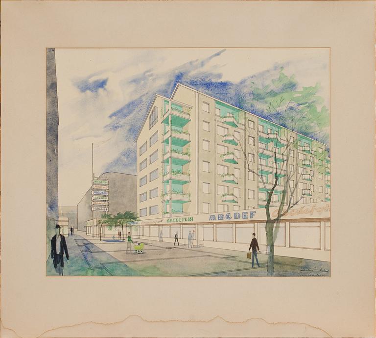 OKÄND KONSTNÄR, arkitekturskiss, signerad.