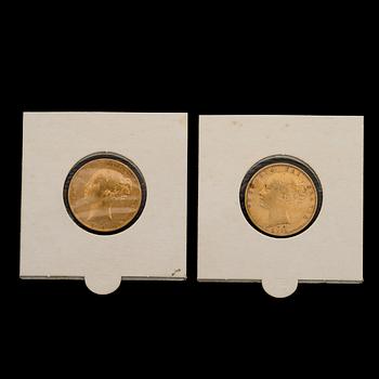 GULDMYNT, 2 st, Victoria Young Head Shield Sovereign-mynt, 1845 och 1862.