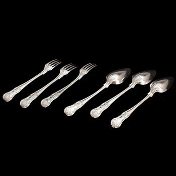BESTICKDELAR 6 st, silver Johan Fredrik Carlsson Norrköping 1851 modell Engelsk snäck. Totalvikt ca 429 gr.