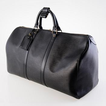 LOUIS VUITTON BLACK EPI LEATHER KEEPALL 50 TRAVEL BAG.