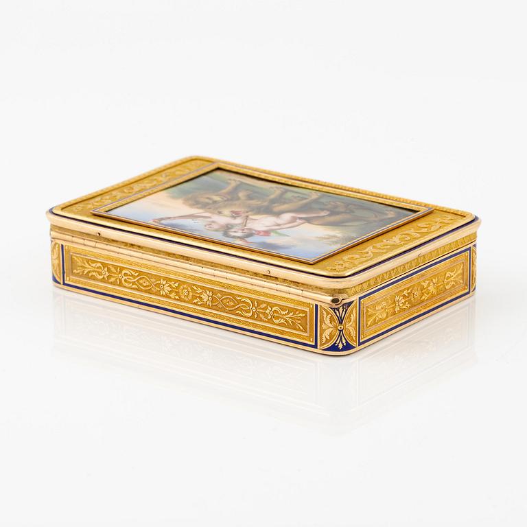 A probably Swiss 19th century two colour gold snuff box with enamel, unidentified maker's mark.